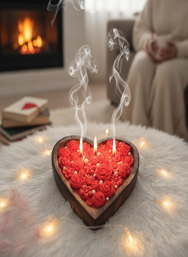 Pink Lotus Decorative Heart-Shaped Wooden Bowl Candle with Red Rose Design and Pearl Accents - Image 3